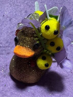 Decorative Glitter rubber Duck with Yellow Pom-Pom Bee Accents